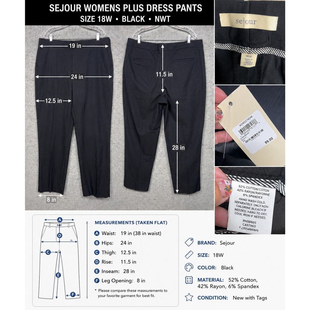 NWT Sejour Womens 18W Curvy Fit Pants Black Trousers High Rise Straight Stretch - Picture 2 of 12